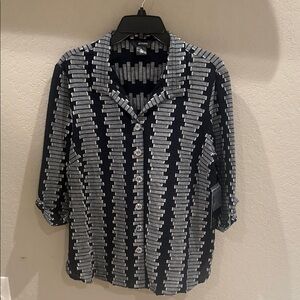 NWT Ali Miles Black Shirt with Gray Stacked Stripe Pattern